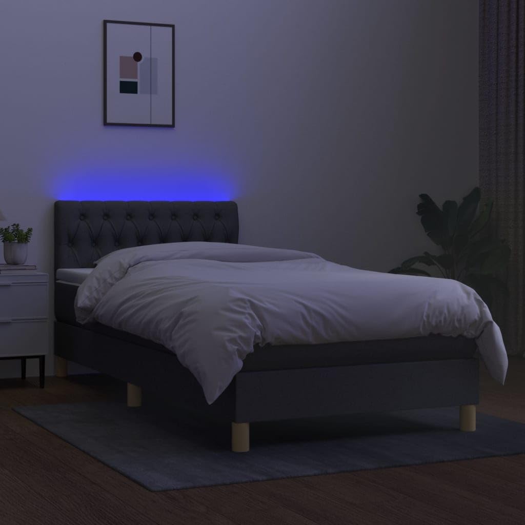 Tkanina z diodami LED regulowany zagłówek szary 100x200cm | Łóżko kontynentalne z materacem sprężynowym LED ciemnoszara tkanina 100x200cm do sypialni regulowany zagłówek