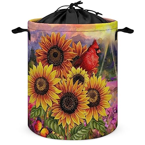 Watercolor Northern Bird Foldable Laundry Basket Beautiful Spring Forest Garden Landscapes Sunflower Bird for Dorm Family Travel One Size
