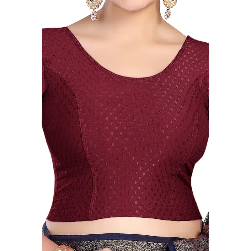 Image of FINESTFIT Round Neck Stretchable Elbow Sleeve Readymade Saree Blouse for Women, 100% Cotton Dobby Fabric