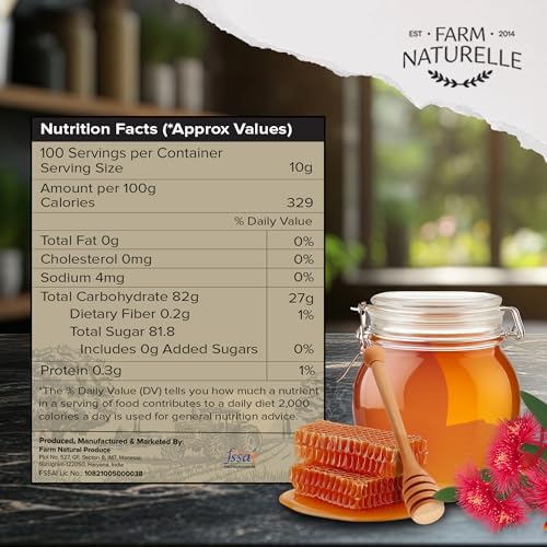 Image of Farm Naturelle Raw Eucalyptus Honey 1kg | Glass Bottle | 100% Pure Unprocessed & Natural Honey | Ayurvedic & Rich in Vitamins and Minerals | Helps Boost Immunity