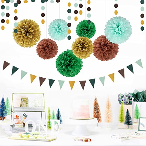 Image of Sage Green Gold Party Decorations - 30pcs Hanging Decoration Birthday Party Tissue Paper Flowers Wedding Pennant Banner Neutral Baby Shower Circle Dots Garland Engagement Tassel Bridal Shower Decor