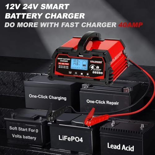 Battery Charger 40A, 12V/24V Lead Acid Smart Battery Charger, 12V LiFePO4 Car Battery Trickle Charger, Automatic Battery Maintainer for Car Motorcycle Lawn Mower Marine Boat Lead Acid Batteries