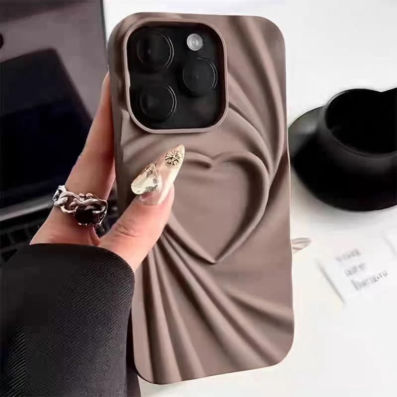 Image of COVERLY Heart Shape Design Back Case Cover for iPhone 12 Pro | Embossed Wrinkle Cute Silk Pattern | Love Trendy Matte TPU | Soft Silicone Fashion Aesthetic Cover for Girls & Women (Brown, Shockproof)