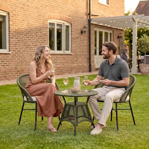 Image of OUTLIVING Init Outdoor Patio Furniture Set | 2 Seater Wicker Chairs with Cushioned Seats & Round Coffee Table | Garden, Balcony, Terrace & Lawn Seating Set - OliveGreen