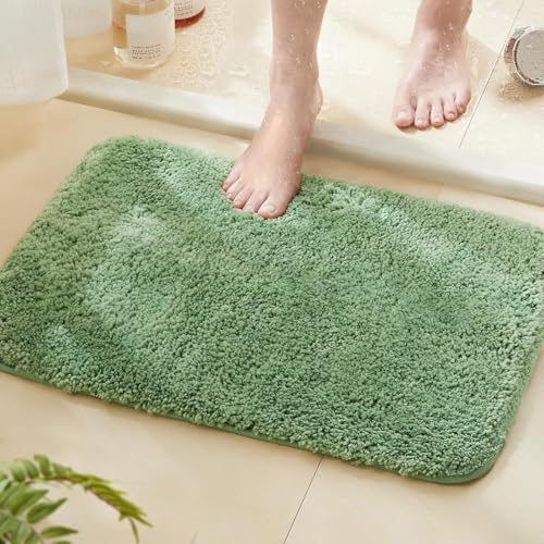 Image of SANMARINO Super Soft Shaggy Bathroom Rugs, Absorbent Thick Anti-Slip Microfiber Bath Rugs, Quick Dry Machine Washable Bath Mat for Bathroom Floor, Bathtub and Shower 17 inchx24 inch - Green