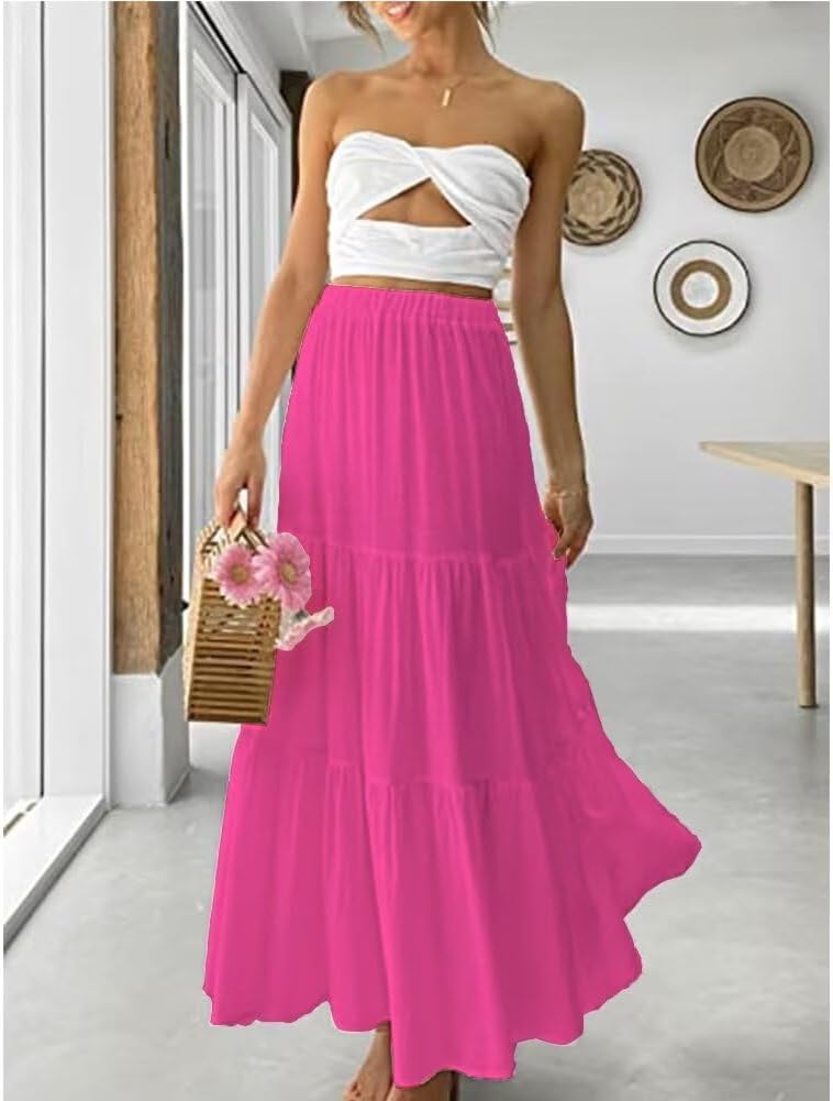Summer Boho Skirts for Women High Waist Tiered Maxi Skirt Long Flowy Beach Skirt with Pocket - Image 6