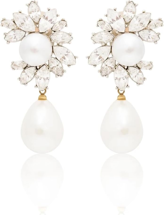 Kenneth Jay Lane Crystal and Pearl Silver Clip Earrings