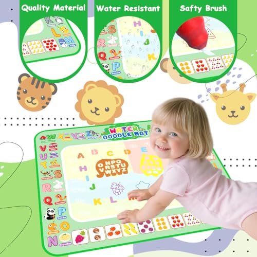 Image of PATPAT 100x80CM Reusable Magic Water Doodle Mat for Kids, Fruit & Animal Park Educational Drawing Toys Mat with Water Pens, Roller Stamps, Templates & Guide Birthday Gift for Kids