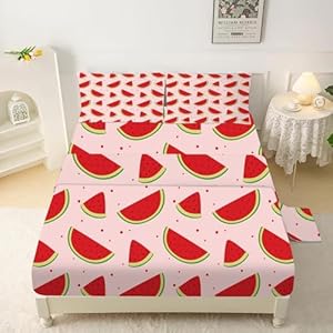 Pink Watermelon Sheet Set Twin: Kwaii Watermelon Bedding Set for Kids Teens Girls Boys Summer Fruits Bedroom Bed - 1 Flat Sheet, 1 Fitted Sheet, 1 Pillowcase Watermelon 02 Twin