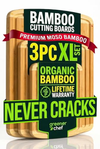 Greener Chef Luxury XL Bamboo Cutting Board Set of 3 with Vertical Grain Strength Technology - Extra...