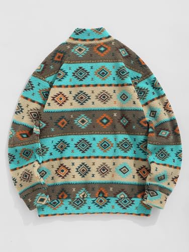 Image of ZAFUL Men 1 /4 Zipper Ethnic Aztec Fleece Unisex Winter Sweatshirt Tops 2026 | Funnel Neck Fluffy Polar Fleece Faux Sherpa Soft Thermal Pullover Kangaroo Pocket Jacket Hoodie Tops