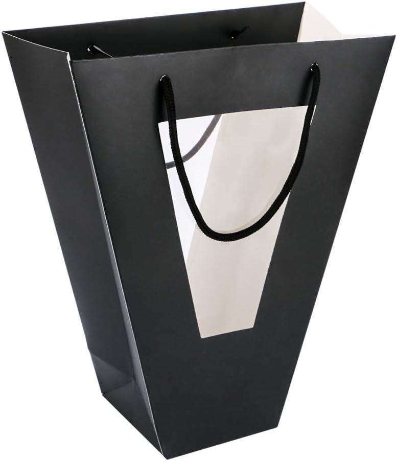 Sdoot Flower Bouquet Gift Bags, 6 Pcs Black Kraft Paper Florist Bouquet Bags with Handles, Clear Window, for Wedding Party Anniversary