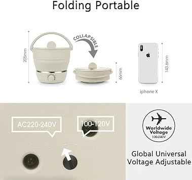 Drizzle Foldable Electric Cooker Travel Hot Pot - Dual Voltage 100V-240V Hot Pot Cooking - Food Grade Silicone Cookerware Boiling Water Steamer - Camping Office Hotel Noodle Porridge Soup Dorm