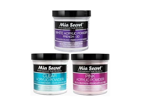 MIA SECRET Juego de 3 piezas de polvo acrílico de 4 onzas, rosa, transparente y blanco, fabricado en Estados Unidos