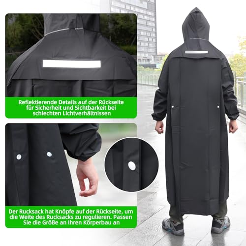 Desoto Regenponcho Extra Lang, Wasserdicht Regenmantel Radfahren Regen Poncho Portable Leichte Regenjacke Mit Kapuze, Wiederverwendbare, mit Tasche, für Backpacking Camping Outdoors (XXL, Schwarz)