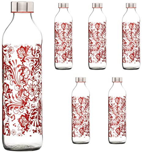 SAND DUNE Set of 6, 800 ml Each Red Flower Printed Glass water bottle, with Leak-Proof Airtight Stainless-Steel Lid for Water, Smoothie, Juices - Reusable Travel Glass Drinking Fridge Bottles
