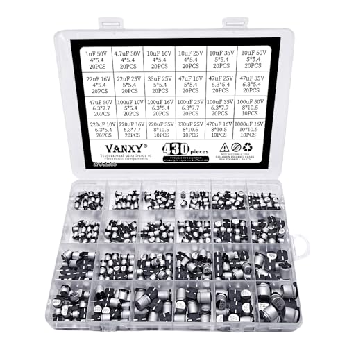 24 Values 430 Pcs 1uF to 1000uF SMD Aluminum Electrolytic Capacitors 10V 16V 25V 35V 50V Series Assortment Kit