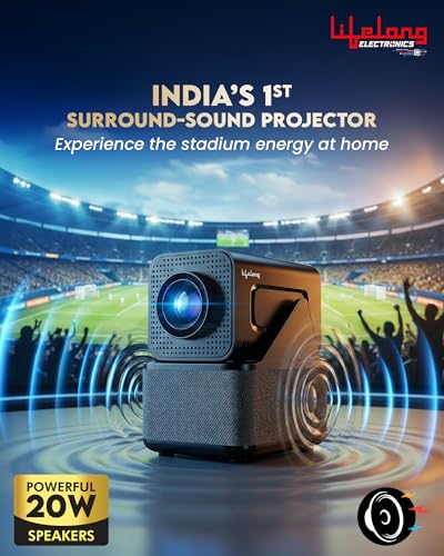 Image of Lifelong Electronics ROAR Projector with 2 Mics | Booming 20W Speakers | Cricket Commentary, Karaoke Party & Room Cinema | 1080P & 4K Ultra HD Support | All Android OTT Apps | Ultra Bright 150 inch Screen