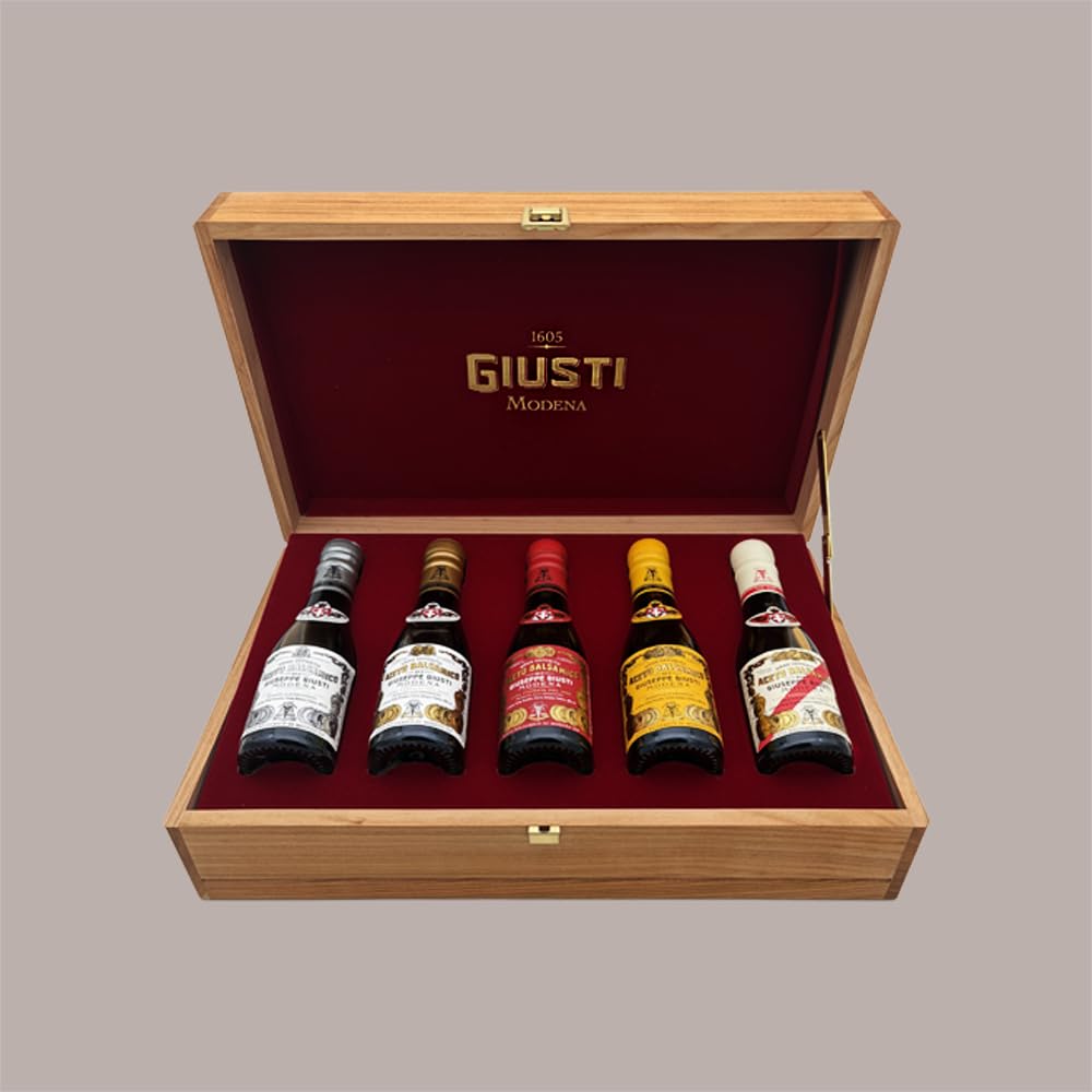 Cofanetto Regalo in Legno Set 5 Bottiglie Aceto Balsamico Giusti 100 ml Lucgel