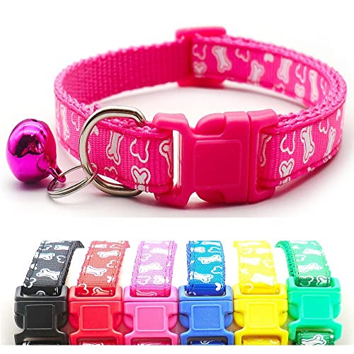 Small Dog Puppy Pet Collar White Bone Design with Bell Nylon Adjustable Size 19-32cm Pink, XS