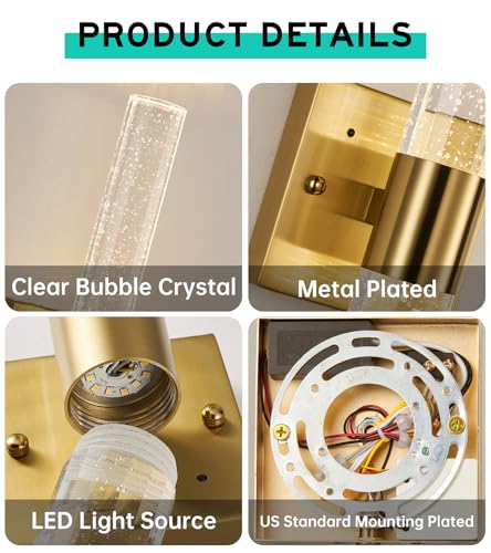 Image of Modern Crystal Wall Sconce Set of 2, Dimmable LED Bathroom Vanity Light ing Fixtures, with Remote Control, Bubble Cylindrical Wall Lights for Bathroom Bedroom Living Room Hallway,Brass