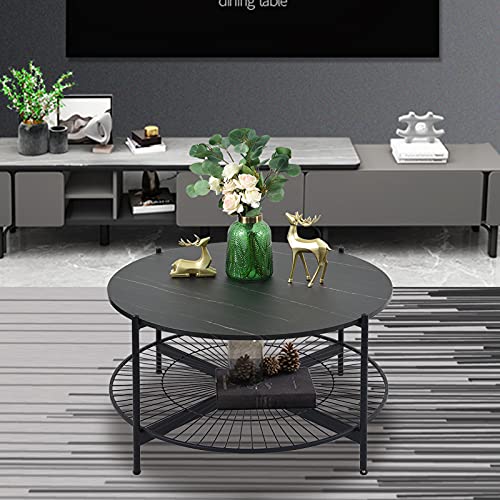 Image of NSdirect Round Coffee Table,36 inches Rustic Wooden Tabletop and Reinforced Crossbar with Open Storage Shelf Vintage Circle Cocktail Table with Metal Legs for Living Room,Black