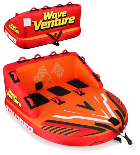 Toujreo Towables Tube for Boating – 3 Person Inflatable Boat Tube with Dual Tow Points, Speed Safety Valve, Heavy Duty Nylon Cover, EVA Foam Pads for Lake & River Water Sports