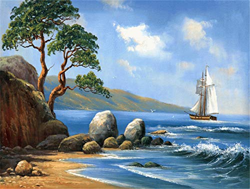 YEESAM ART Pintura al óleo DIY por números adultos niños, playa con cielo azul y mar pintura numérica a partir de 5 óleos Arte de pared (playa, con marco)