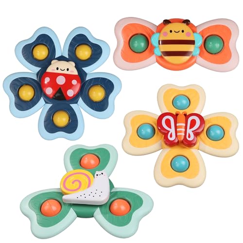 Image of 4Pcs Spinning Baby Bath Toys 12-18 Months, Suction Cup Spinner Toys for Baby, Silicone Spinners Sensory Toys for Toddlers 1-3, Airplane Car Travel Table & Window Toy for Infant