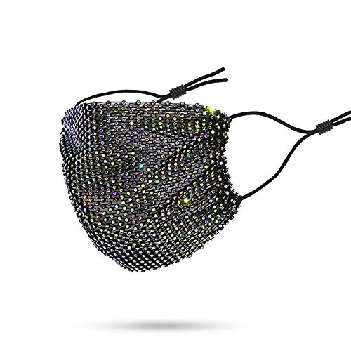 Kyerivs Rhinestones Mesh Face Mask for Women, Chain Crystal Masquerade Mesh Mask, Bling Glitter Mesh for Halloween Christmas Party Nightclub, Fashion Sparkly Face Mask Cover (Rainbow Black)