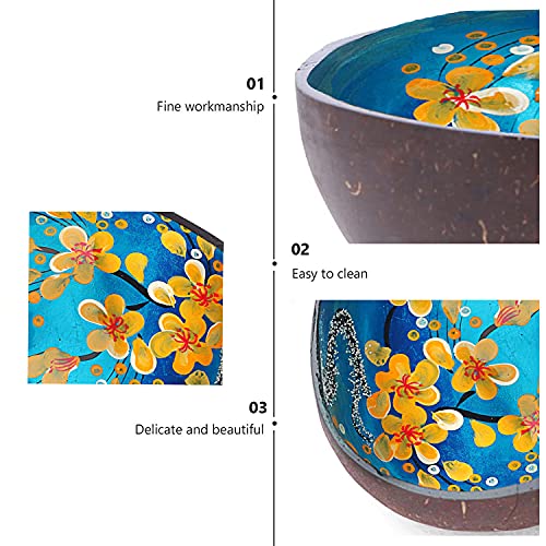 YEASQGS Hand Painted Floral Coconut Bowls Natural Coconut Shell Bowl Decorative Key Storage Bowl Candy Container Nuts Holder (Blue, 1) - Image 3