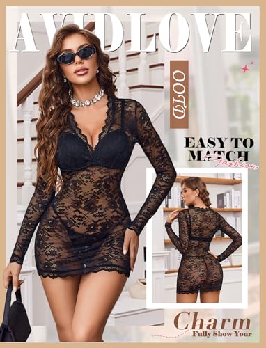 Avidlove Women's Lace Long Sleeve Babydoll Lingerie Dress And Thong Set Sexy Deep V-Neck Party Clubwear Outfits Mesh Bodycon2