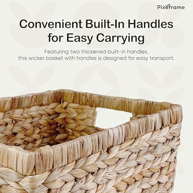 Large Rectangular Handwoven Wicker Basket - Natural Water Hyacinth Storage Baskets with 2 Built-in Handles - Ideal for Towel, Blankets, and Home Organizer & Decor - 16.5x13x7.50 - Brown
