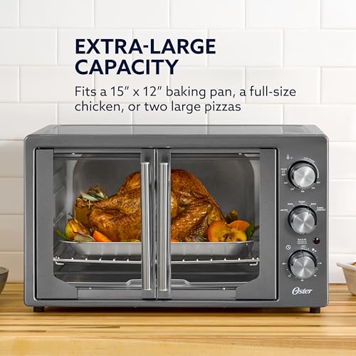 Oster Extra-Large 42L French Door Countertop Toaster Oven, 6-in-1 Air Fryer Oven with Air Fry Rack, Wire Rack, Baking Pan and Crumb Tray, Stainless Steel