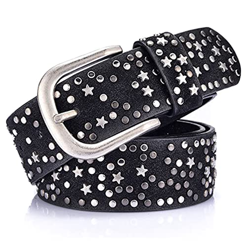 Women's Studded Fashion Waist Belt, Leather Belt with Metal Rivet & Stars, Ladies Trendy Belt for Jeans Pants Shorts