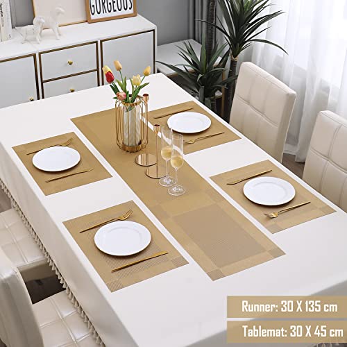 Image of HOKIPO Pvc Dining Table Mat 4 Pieces With Runner (Ar3125), Gold
