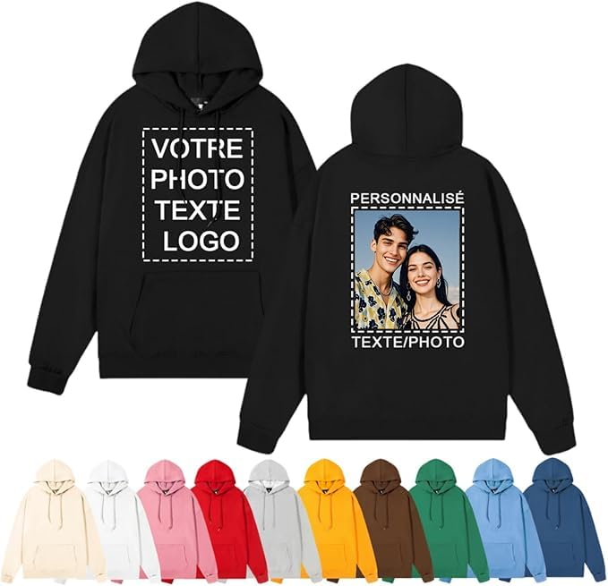 Sweat Personnalisable Unisexe, Sweat a Capuche Personnalisé avec Texte ou Photo Imprimée Avant/Arrière, Pull Personnalisé Couple Hoodie à Manches Longues Pour Automne Hiver Chaud avec Poches, S-3XL