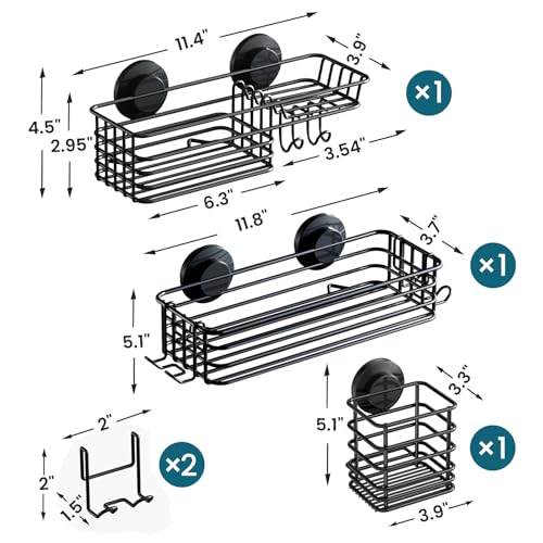 Image of TAILI Shower Caddy Suction Cup, 3 Pack Shelves for Inside with Hooks, Black | Soap Holder, Toothbrush Cups, Removable Bathroom Organizer, Rustproof Shower Shelves