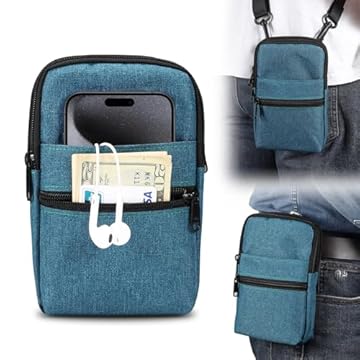 Bolsa transversal multifuncional para coldre de telefone duplo para iPhone 15 14 Pro Max com alça de ombro carteira de passaporte de caminhada para smartphone [mosquetão], azul