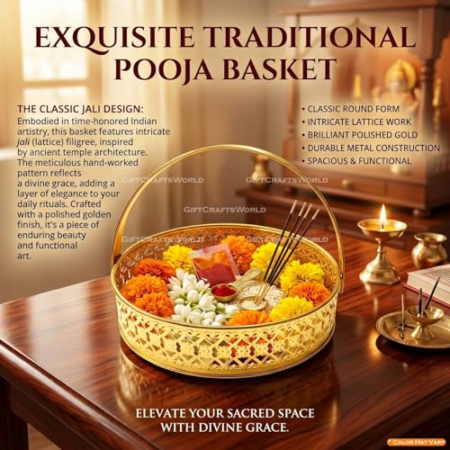 Image of Multipurpose Metal Basket For Gift Hamper, Pooja Temple Storage With Sturdy Handle, Decorative Flower Organizer & Versatile Puja Utility Accessories Home Decoration (Round)