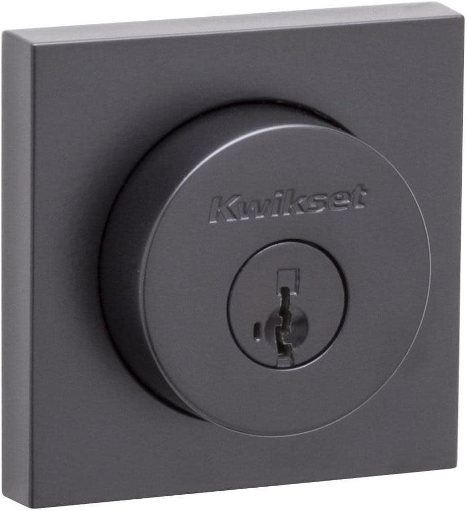 Kwikset Halifax Square Rose Single Cylinder Deadbolt SmartKey with 6AL Latch and Square Corner, Round Corner Strikes - Matte Black