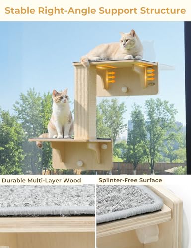 Image of Pecute Double Cat Shelves with Scratching Post for Wall & Window | Solid Wood Frame, Strong Suction Cups, Washable Cover Mat, Cats Perch Bed for Birds Watching Inside, Indoor Cat Hammock Bed