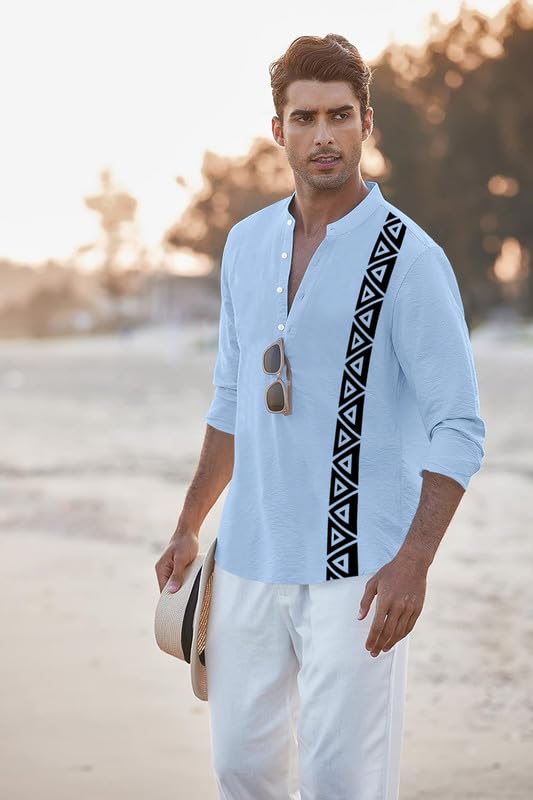 Image of FINIVO FASHION Men's Short Kurta with Printed Geometric Side Panel | Cotton Blend Full Sleeve Ethnic Topwear with Mandarin Collar | Stylish Indo-Fusion Kurta for Daily, Festive, or Casual Wear