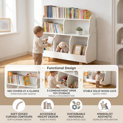 Image of Kids Bookshelf with Toy Storage, Easy Reach 3-Tier Organizer | Small Bookshelf for Kids,5 Open Storage Boxes,Curved Design,Solid Wood Legs,Anti Tip,Easy to Clean,Waterproof,Quick Assembly