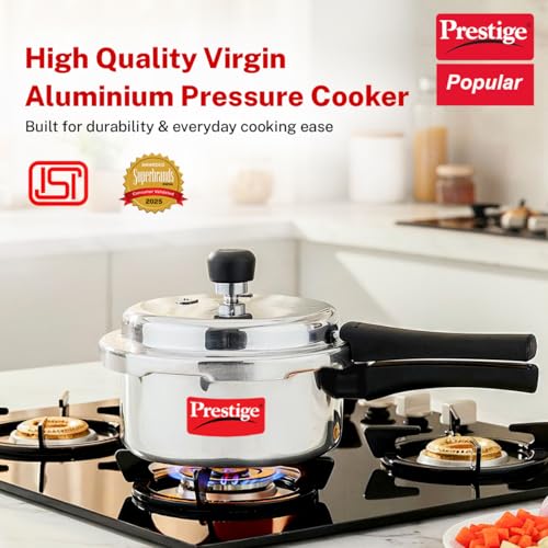 Image of Prestige 2 Litre Aluminium Popular Outerlid Pressure Cooker | Virgin Aluminium| Gas Compatible|Controlled Gasket Release System|5 years warranty|ISI Certified