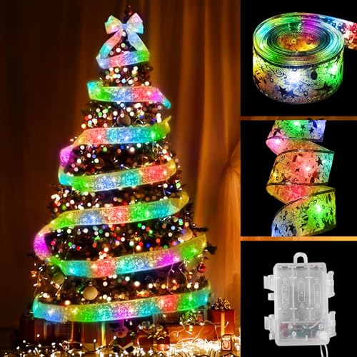 Christmas Ribbon Lights, 10 m 100 LED Christmas Tree Light Strip, Battery Operated LED Strip Christmas Lighting for Holiday, Party, Weddings, Indoor and Outdoor Christmas Decoration (Gold)