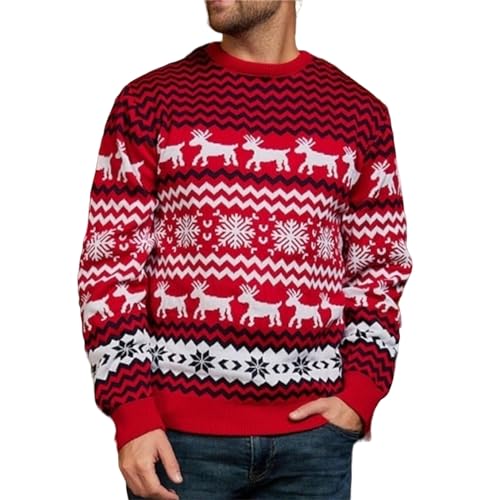 Mens Sweaters Vintage Round Neck Knitted Sweater Long Sleeve Ugly Christmas Pullover Warm Snowflakes Print Knitwear