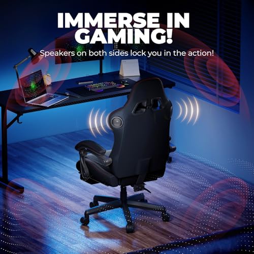 Image of GTPLAYER ACE-PRO Music Gaming Chairs - Built-in Speakers, App Support & Bluetooth Control, Computer Game Chairs with Footrest for Adults, Ergonomic, Reclining, Linkage Armrest, Black & Red Stitch