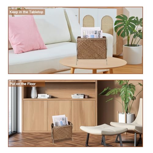 TOLIDA Stabiles Zeitungsständer aus Seegras, Gewebtes Aufbewahrungskorb mit Griff, Aktenhalter mit Metallständer, Weidenkorb für Buch, Zeitschriften, Papiere als Geschenk Deko