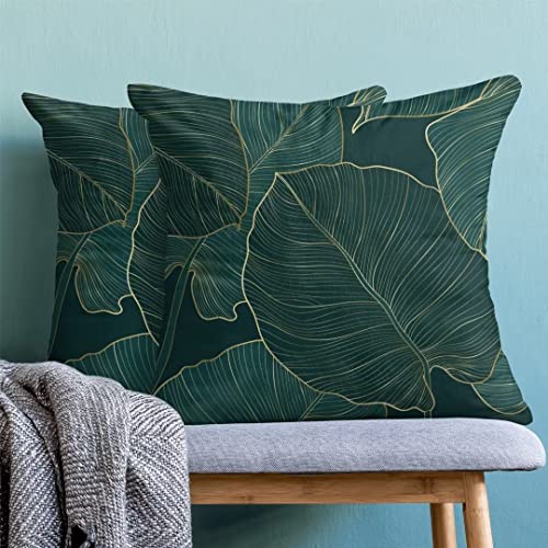 Aeioae Tropical Leaves Pillow Covers 18 X 18 Inch Set Of 2, Emerald Green Minimalist Geometric Palm Leaf Throw Pillow Covers Plant Outdoor Decorative Pillows For Couch Home Sofa Summer Decor #TOP1